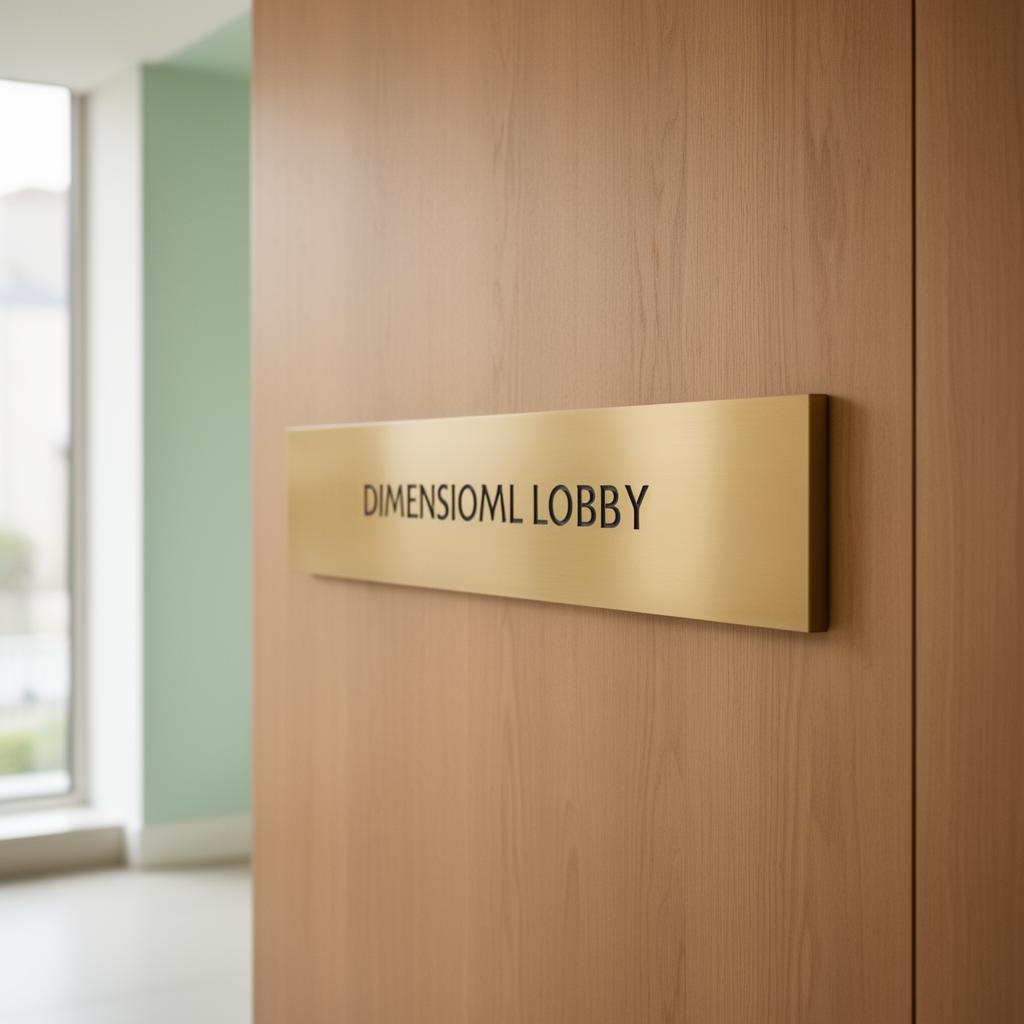 Dimensional brass lobby signage on a warm oak feature wall
